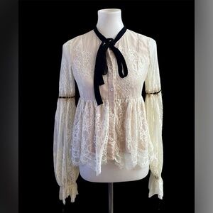 (sold) Elegant Lace Women Top Black Ribbon Ethereal Fairy Regency Cottagecore